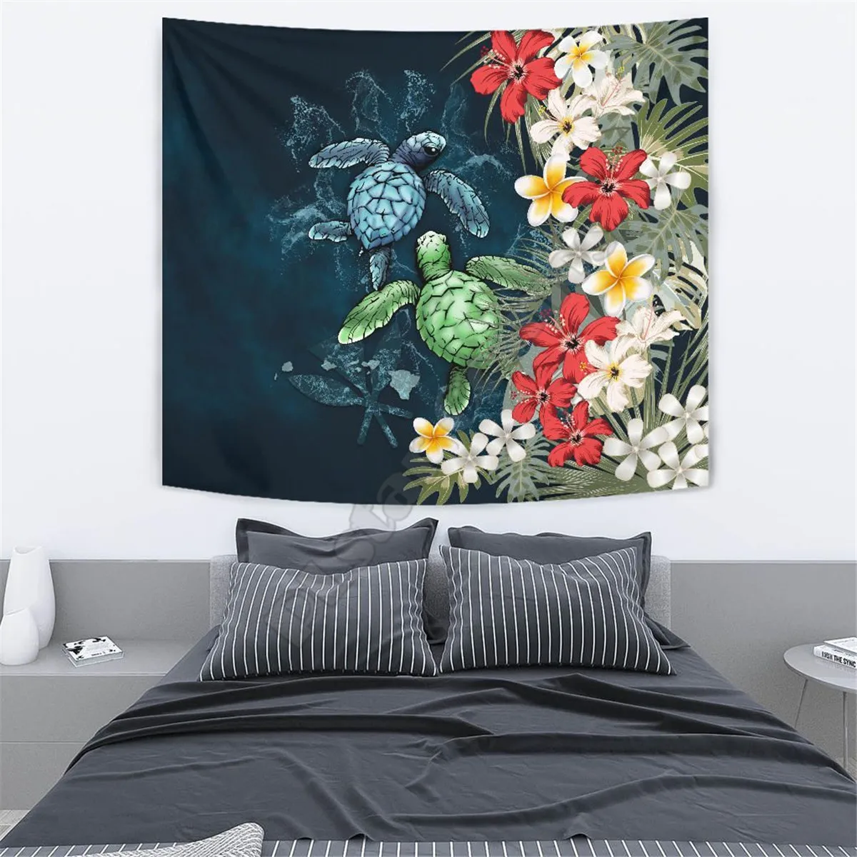 

Kanaka Maoli Tapestry Sea Turtle Tropical Hibiscus and Plumeria 3D Printing Tapestrying Rectangular Home Decor Wall Hanging