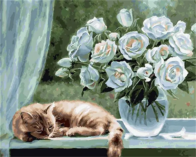 DRAWJOY цветы в рамке и кошка DIY Краска по номерам масляная краска ing на холсте
