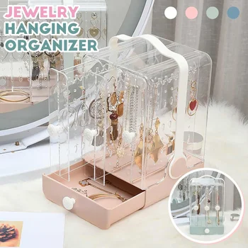 Portable Earrings Ring Display Stand Shelf Dustproof Acrylic Jewelry Storage Box Drawer Women Necklace Bracelet Organizer Case