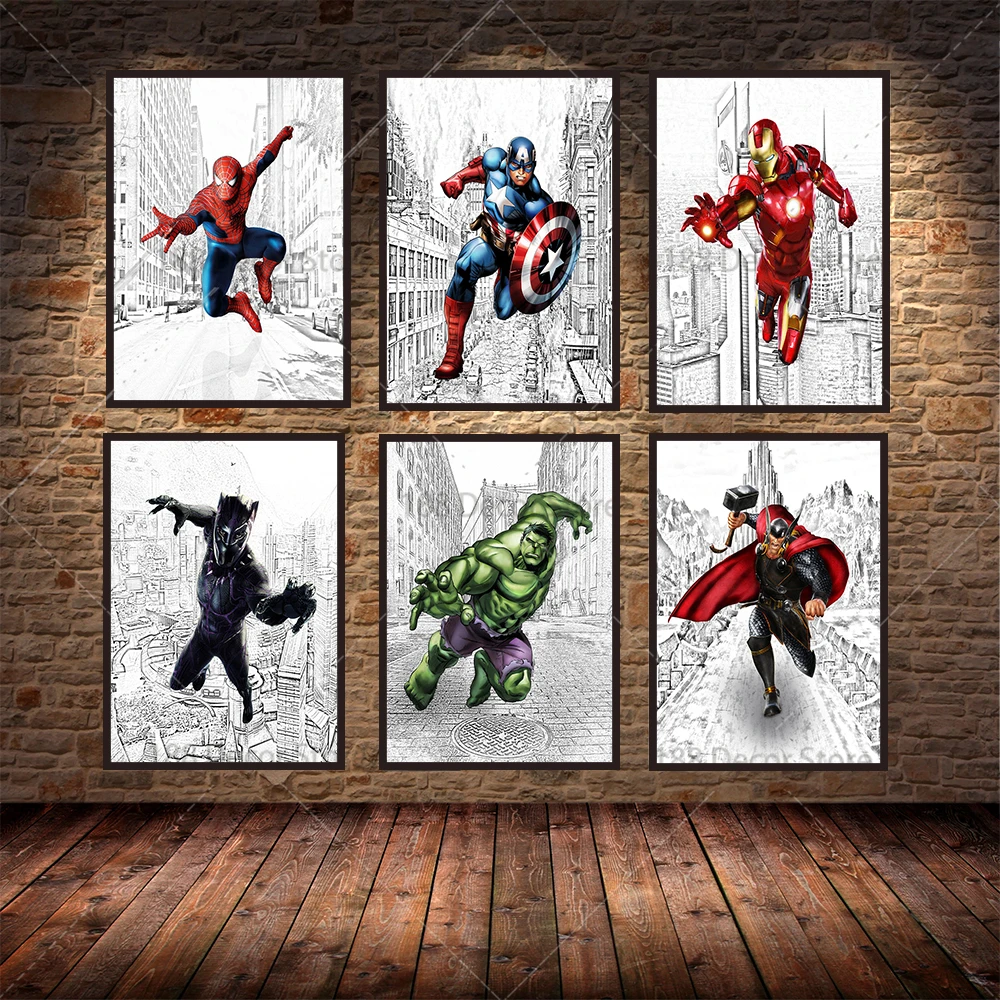 Черно-белый мультяшный постер Marvel мстители супергерой картины на холсте