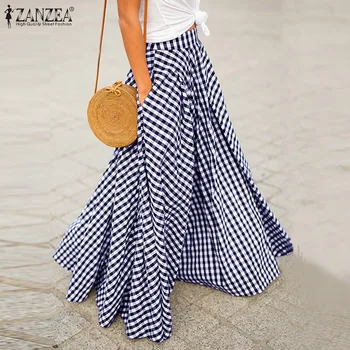 

ZANZEA 2020 Fashion Women's Check Skirts Spring Pleated Long Vestidos Female Casual Back Zip Maxi Shirts Plus Size Faldas Saia