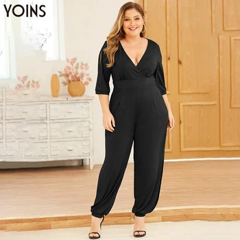 

YOINS 2019 Autumn Winter Women Jumpsuit Black Plus Size Cut Out Deep V-Neck Half Sleeves Zipper Inside Work Office Lady Wear