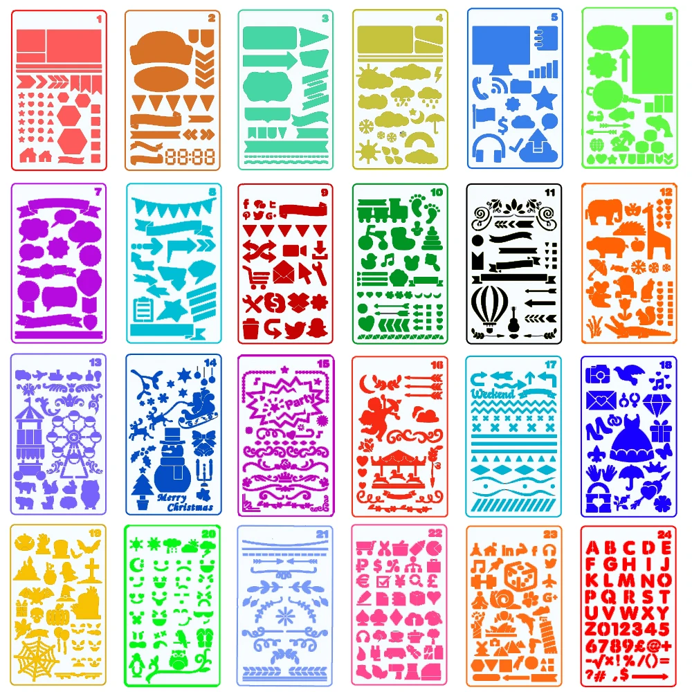 24 PCS Plastic Journal Planner Stencils Set Include Letter,Number,Drawing,Icons,Charts,Shapes,Art,Drafting for Journal Painting
24 PCS Plastic Journal Planner Stencils Set Include Letter,Number,Drawing,Icons,Charts,Shapes,Art,Drafting for Journal Painting