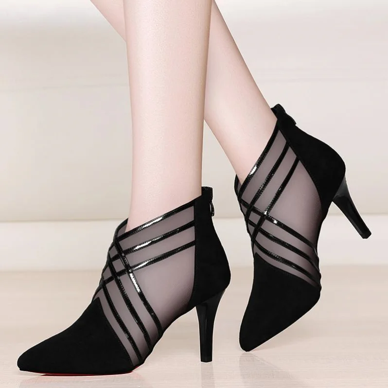 

Fashion new Mesh Lace Crossed Stripe Women Ladies Casual Pointed Toe High Stilettos Heels Pumps Feminine Sandals Shoes