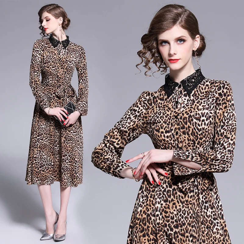 2019 Spring New Style Dress Europe And America WOMEN'S Dress Lace Fold-down Collar Lace-up Leopord Pattern Floral Printed Dress
2019 Spring New Style Dress Europe And America WOMEN'S Dress Lace Fold-down Collar Lace-up Leopord Pattern Floral Printed Dress
