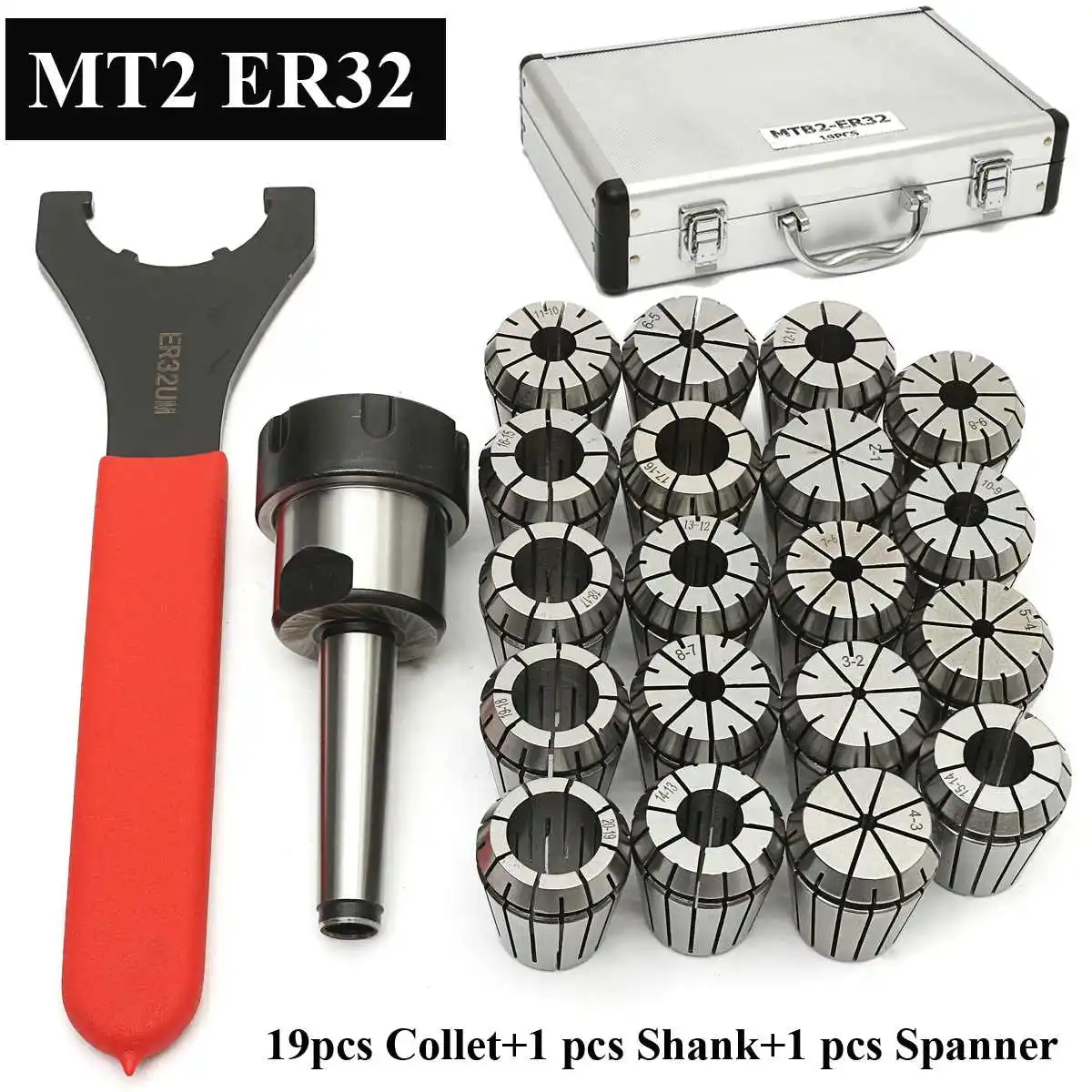 7/16 19Pcs ER32 Spring Collet Set with MT2 ER32 M10 Collet Chuck Taper Holder for CNC Engraving Machine and Milling Lathe Tool
7/16 19Pcs ER32 Spring Collet Set with MT2 ER32 M10 Collet Chuck Taper Holder for CNC Engraving Machine and Milling Lathe Tool