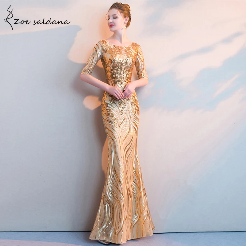 

Zoe Saldana Evening Party Dresses sequins o-neck half sleeve formal trumpet mermaid Banquet Dress Prom Gowns Robe De Soiree gold