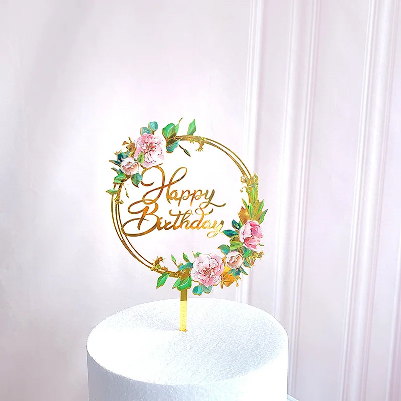 Colored flowers Happy Birthday Cake Topper Golden Acrylic Birthday party Dessert decoration for Baby Shower Baking Supplies Colored flowers Happy Birthday Cake Topper Golden Acrylic Birthday party Dessert decoration for Baby Shower Baking Supplies