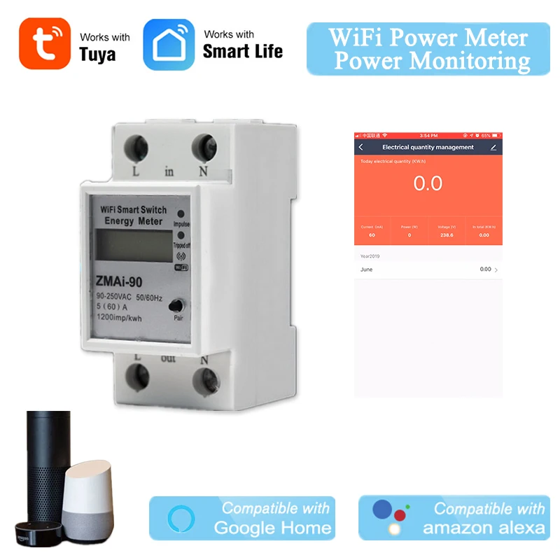 Tuya Smart Power Meter WiFi Power Consumption Switch Energy Monitoring Energy Meter Single Phase Compatible with Alexa Google
Tuya Smart Power Meter WiFi Power Consumption Switch Energy Monitoring Energy Meter Single Phase Compatible with Alexa Google