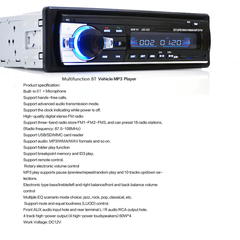 Multifunction BT Vehicle Car Stereo Radio Audio Player Receiver In-Dash FM Aux Input WMA WAV MP3 Player with SD / USB Port
Multifunction BT Vehicle Car Stereo Radio Audio Player Receiver In-Dash FM Aux Input WMA WAV MP3 Player with SD / USB Port