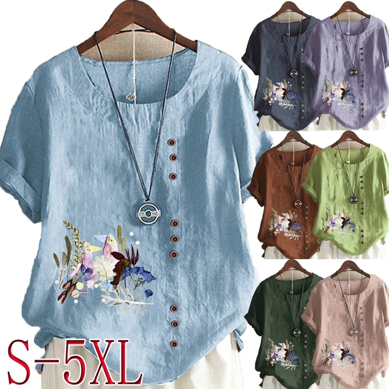 Ladies cotton and linen summer leisure flower printing loose T-shirt O-neck large size short-sleeved top women's S-5XL
Ladies cotton and linen summer leisure flower printing loose T-shirt O-neck large size short-sleeved top women's S-5XL
