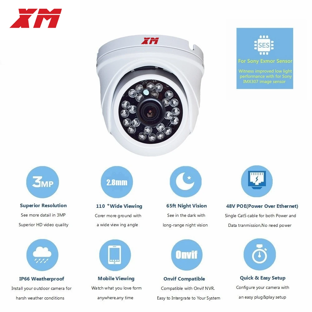XM 3MP H.265 IR Dome IP Camera PoE Security Camera Night Vision 65ft Support Motion Alert and Weatherproof IP66 ONVIF IMX307
XM 3MP H.265 IR Dome IP Camera PoE Security Camera Night Vision 65ft Support Motion Alert and Weatherproof IP66 ONVIF IMX307