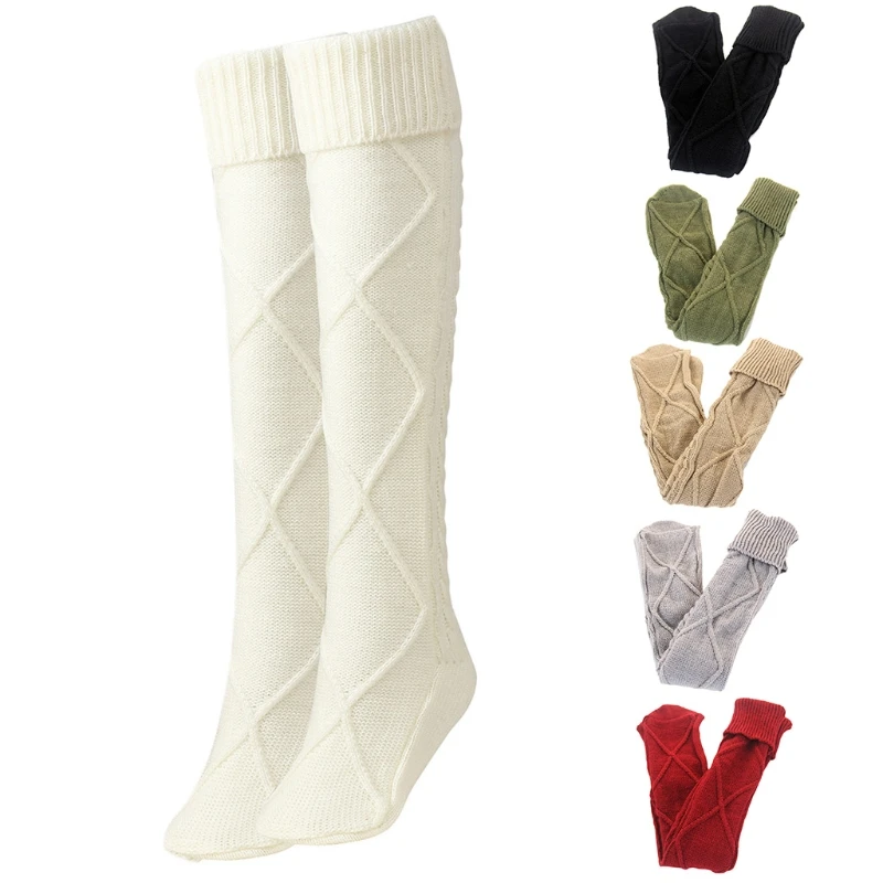 

Women Cable Knit Diamond Pattern Thigh High Socks Solid Color Turn Cuff Crochet Over Knee Extra Long Stockings Winter Boot F3MD