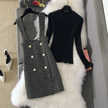 Fall/winter Sweater Set Womens Two Piece Suit Girls Black Bottom Knit Shirts +double-breasted Straps Skirt Sets Office Lady Suit
Fall/winter Sweater Set Womens Two Piece Suit Girls Black Bottom Knit Shirts +double-breasted Straps Skirt Sets Office Lady Suit