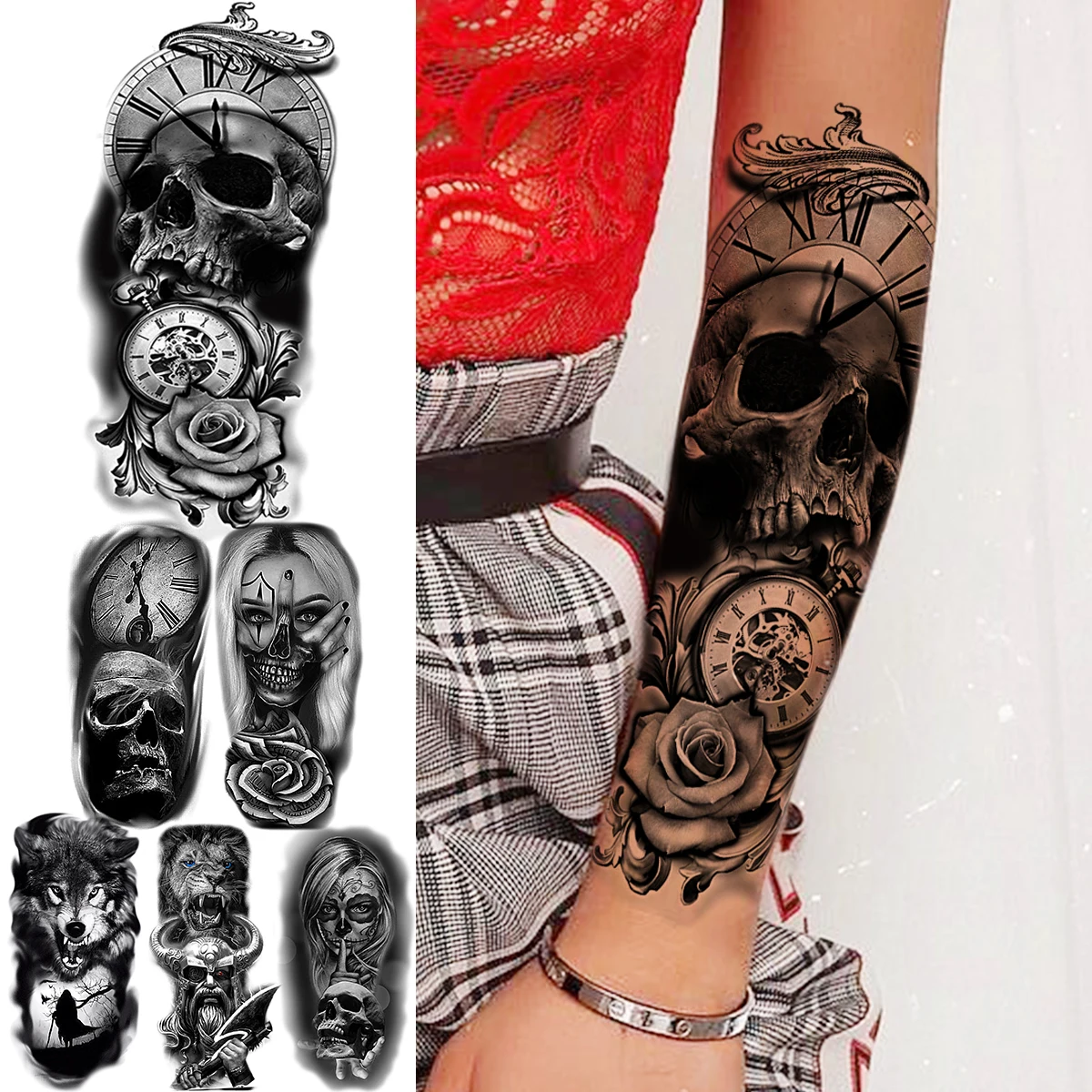 

3D Realistic Skull Compass Rose Flower Temporary Tattoos For Women Adult Vampire Lion Wolf Fake Tattoos Body Art Washable Tatoos