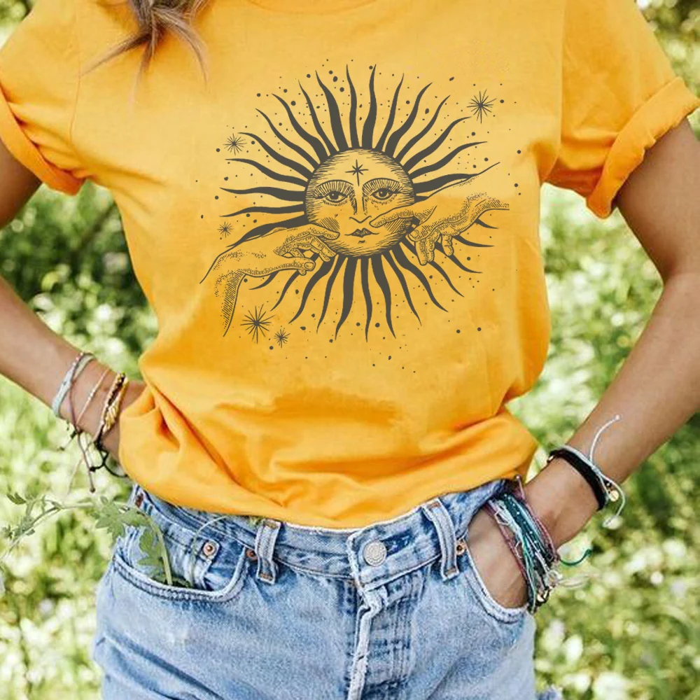 Vintage Sun Hands Print T-Shirts Women Summer Casual Loose Short Sleeve Tees Hipster Cute Aesthetic Astrology Tops Vintage Sun Hands Print T-Shirts Women Summer Casual Loose Short Sleeve Tees Hipster Cute Aesthetic Astrology Tops