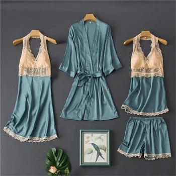 Daeyard Silk Pajamas For Women Contrast Color Pyjamas Sexy Lace Trimmed Cami And Shorts 4 Pcs Robe Pijama Set Sleepwear Homewear 
Daeyard Silk Pajamas For Women Contrast Color Pyjamas Sexy Lace Trimmed Cami And Shorts 4 Pcs Robe Pijama Set Sleepwear Homewear