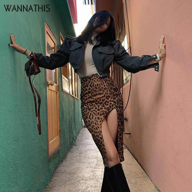 Фото Женская облегающая юбка WannaThis с завышенной талией разрезом леопардовым принтом