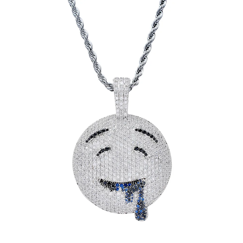 

Iced Out Face Slobber Necklace & Pendant with 4mm Tennis Chain Gold Color Bling Cubic Zircon Men's Hip Hop Jewelry for Kid