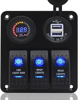 Switch Panel, 3 Gang Waterproof Rocker Switches Panel with DC 12V Digital Voltmeter / 3.1A Dual USB and 3 LED Lights Swit
Switch Panel, 3 Gang Waterproof Rocker Switches Panel with DC 12V Digital Voltmeter / 3.1A Dual USB and 3 LED Lights Swit