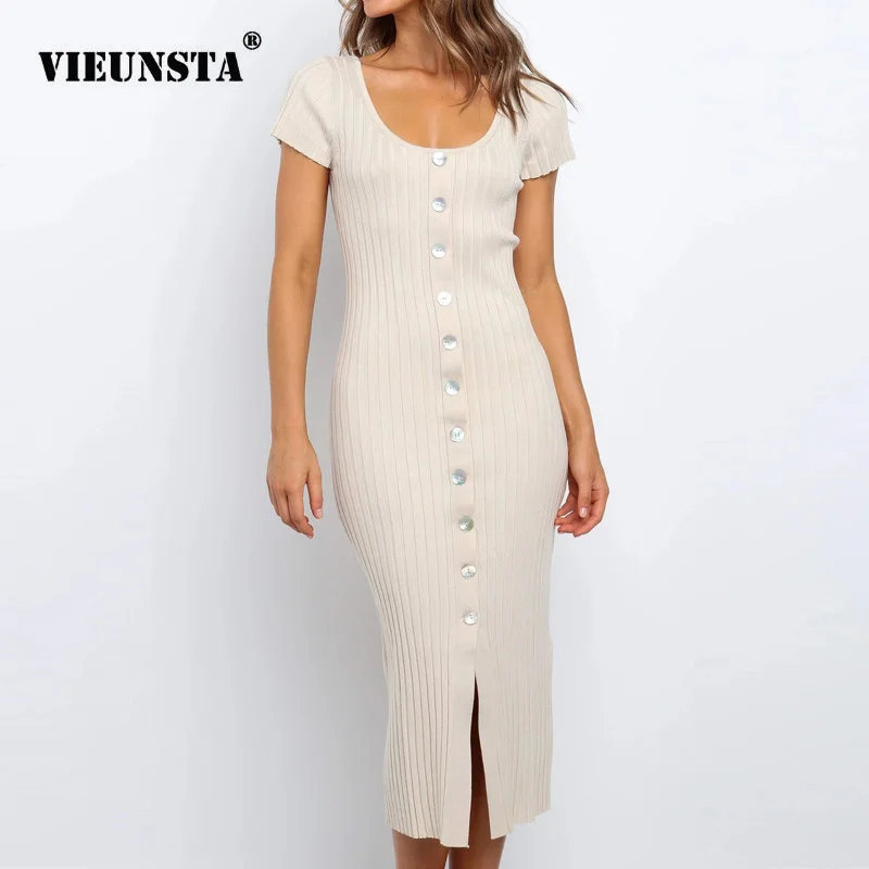Women V-neck Buttons Rib Knitted Dress 2020 Summer Short Sleeve Elastic Slim Bodycon Party Dress Elegant Split Maxi Pencil Dress
Women V-neck Buttons Rib Knitted Dress 2020 Summer Short Sleeve Elastic Slim Bodycon Party Dress Elegant Split Maxi Pencil Dress