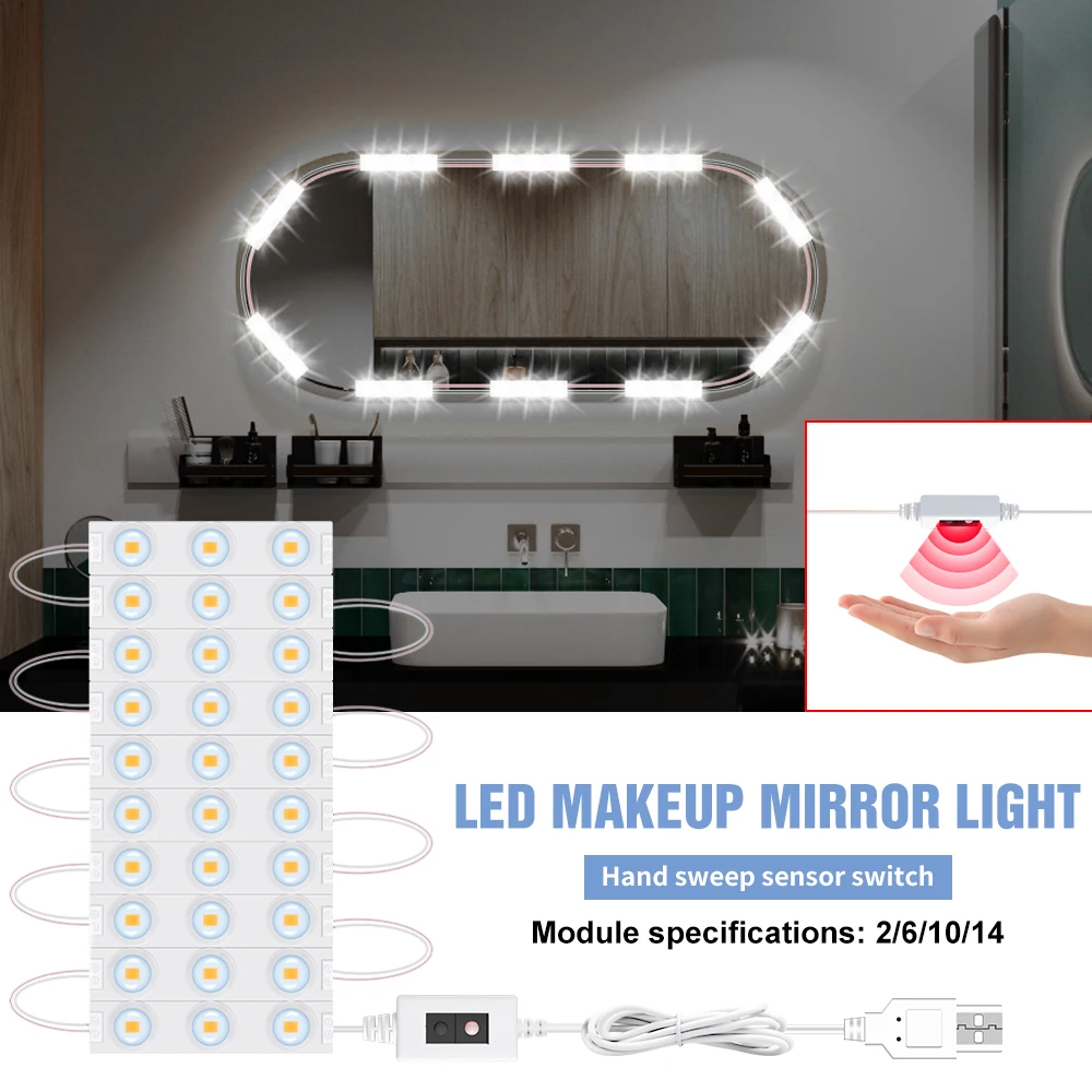 12V Hand Sweep Vanity Mirror Light LED Cosmetic Light USB Dressing Table Dimmable Makeup Mirror Lamp Hollywood 2 6 10 14 Modules
12V Hand Sweep Vanity Mirror Light LED Cosmetic Light USB Dressing Table Dimmable Makeup Mirror Lamp Hollywood 2 6 10 14 Modules