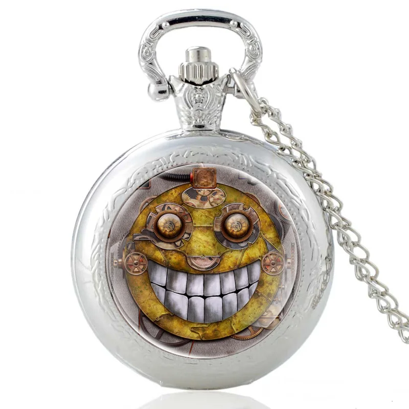 

Steampunk Funny Emoticon Design Silver Glass Dome Pocket Watch Men Women Punk Style Pendant Necklace Hours Clock Best Gifts