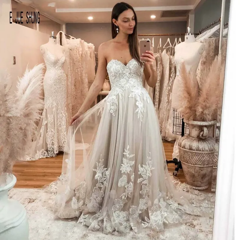 

E JUE SHUNG A Line Wedding Dress 2020 Sweetheart Neck Sexy Backless Sleeveless Lace Applique Tull Bridal Gown Robe De Mariée