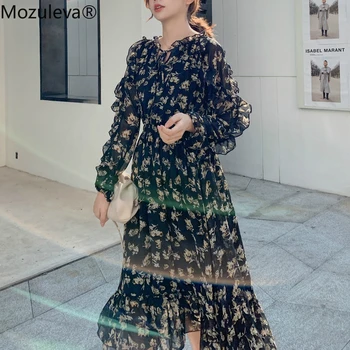 Mozuleva Vintage Lace Up Print Women Dress Irregular Ruffles Female Long Dress 2020 Spring Summer Chiffon A-line Vestidos femme 
Mozuleva Vintage Lace Up Print Women Dress Irregular Ruffles Female Long Dress 2020 Spring Summer Chiffon A-line Vestidos femme