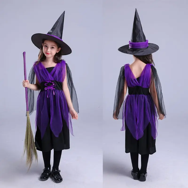 klv Children Halloween Costume Witch Cosplay Black Purple Contrast Color Dress Hat Masquerade Party Role Play Kids Clothes
klv Children Halloween Costume Witch Cosplay Black Purple Contrast Color Dress Hat Masquerade Party Role Play Kids Clothes