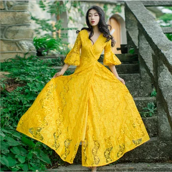 New Female Lace Split V-Neck Long Dress Height Waist Flare Sleeve Fair Robe Beach Holiday Dress Bodycon Maid Lady Dress Autumm
New Female Lace Split V-Neck Long Dress Height Waist Flare Sleeve Fair Robe Beach Holiday Dress Bodycon Maid Lady Dress Autumm