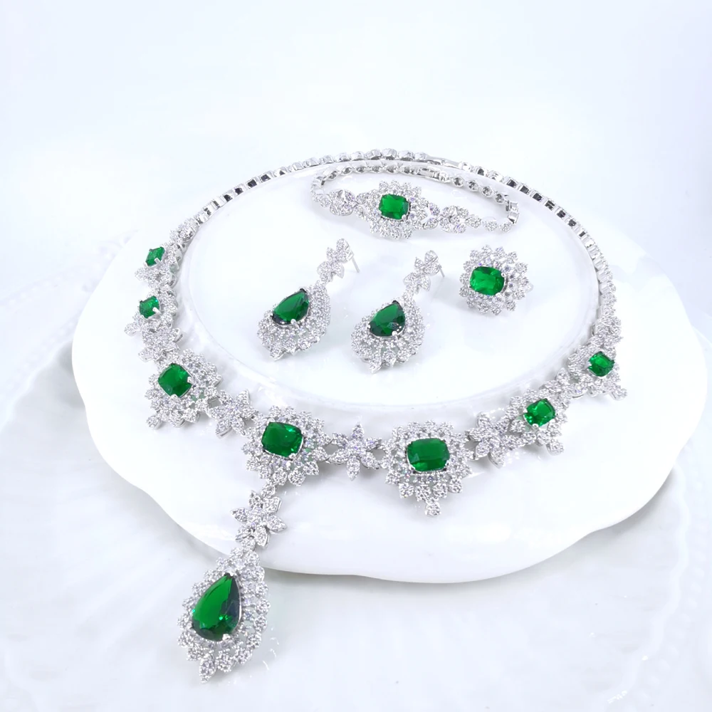 2021 NEW FASHION LUXURY GREEN CZ zircon necklace earring bracelet ring wedding bridal banquet dinner dressing party jewelry set