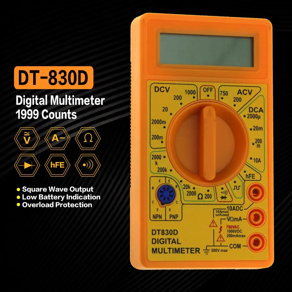 DT-830D Digital Multimeter 1999 Counts AC/DC Volt Amp Ohm Diode hFE Continuity Tester Multimeter Ammeter Voltmeter Ohmmeter New
DT-830D Digital Multimeter 1999 Counts AC/DC Volt Amp Ohm Diode hFE Continuity Tester Multimeter Ammeter Voltmeter Ohmmeter New