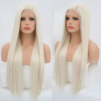 

Synthetic 13*3 Inch Lace Front Wig White Colour Silky Straight Heat Resistant Fiber Natural Hairline Side Parting For Women Wigs