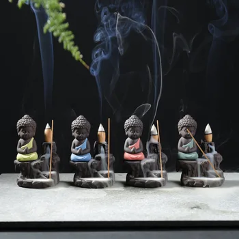 

Ceramic Windproof Backflow Incense Burner Small Buddha Censer Holder Little monk Monkey King Sandalwood Furnace Home Decors