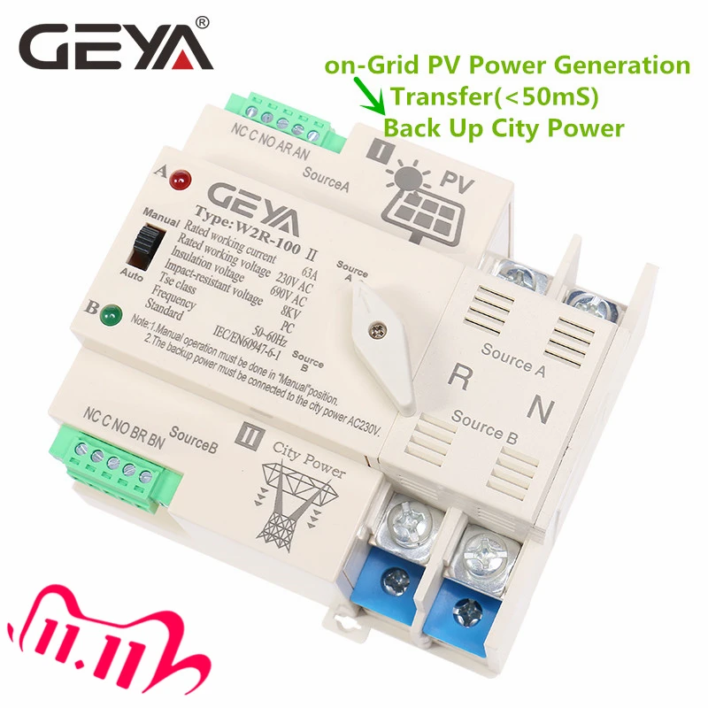 NEW GEYA on-Grid Photovolatic Power Automatic Transfer Switch Din Rail 2P 63A 100A AC220V ATS PV System Power Use Only
NEW GEYA on-Grid Photovolatic Power Automatic Transfer Switch Din Rail 2P 63A 100A AC220V ATS PV System Power Use Only