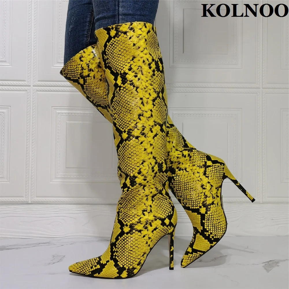 

Kolnoo New Real Photos Ladies High Heel Boots Faux Snake Leather Sexy Party Prom Knee-High Boots Evening Club Fashion Half Shoes