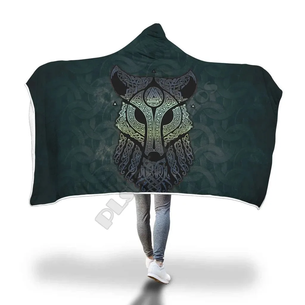 

Viking Wolf Hooded Blanket 3D Over Printed Wearable Blanket for Men and Women Adults Kids Fleece blanket