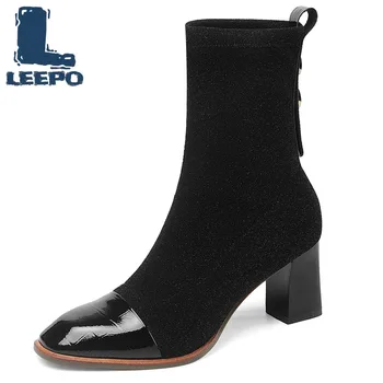 Mid Calf Boots for Women Cow Leather Stretch Fabric Zipper High Heels Female Luxury High Quality Shoes Thick Boots for Woman
Mid Calf Boots for Women Cow Leather Stretch Fabric Zipper High Heels Female Luxury High Quality Shoes Thick Boots for Woman