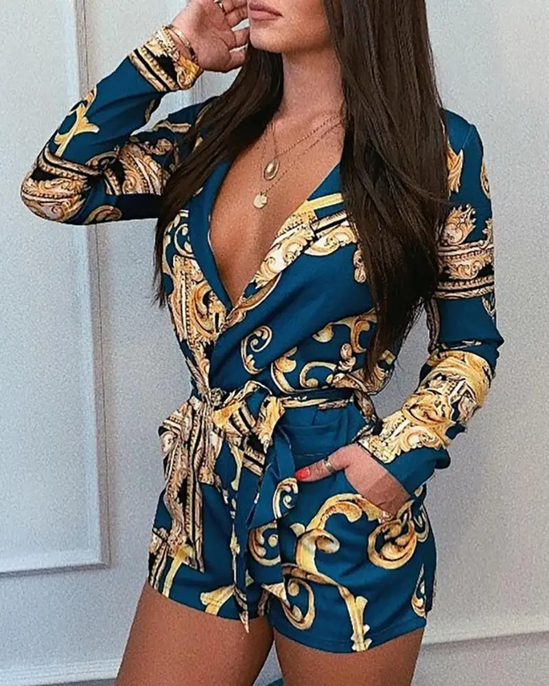 

Summer Sexy Jumpsuit For Women V-Neck Long Sleeve Mixed Print Tiered Romper Women