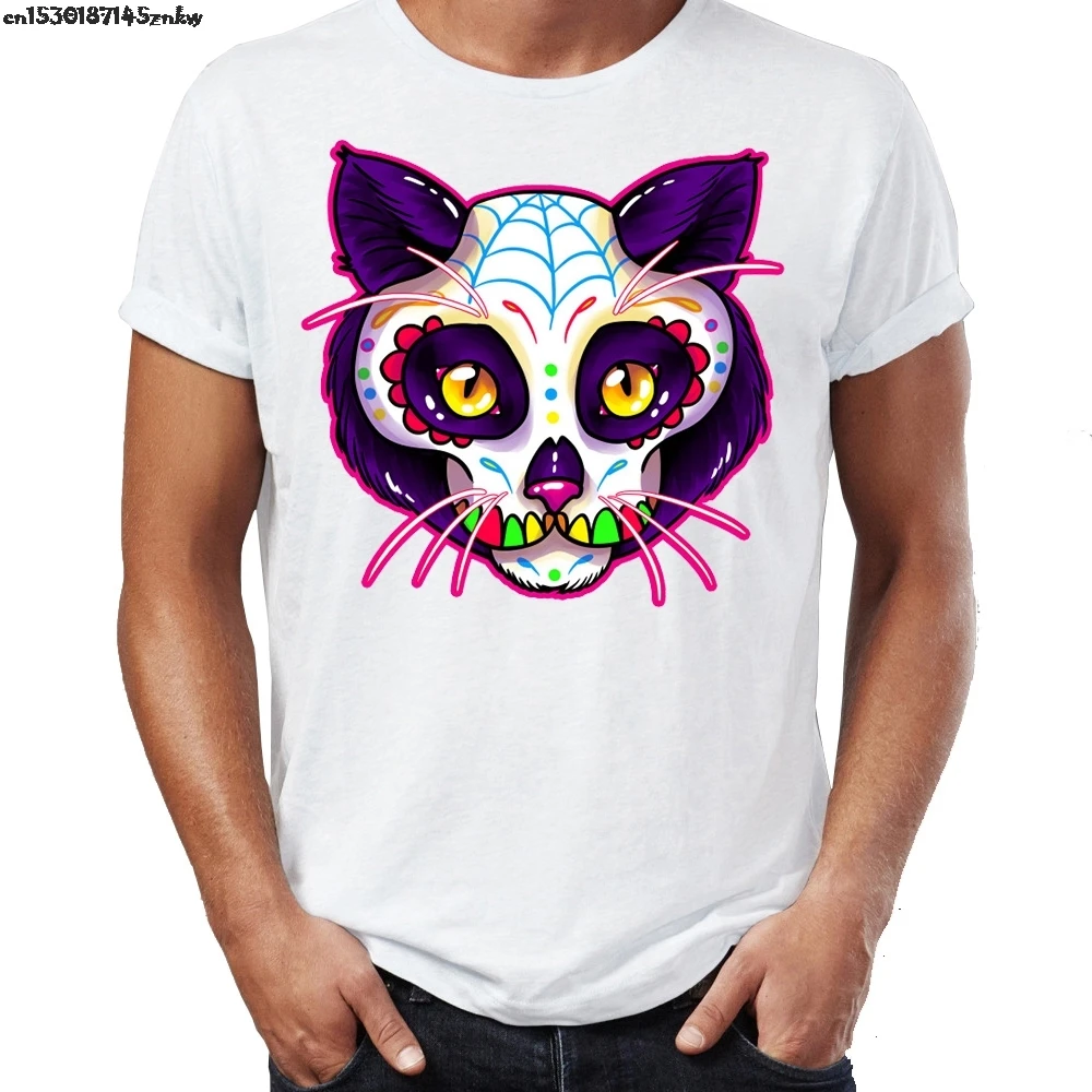 Мужская футболка с изображением сахарного черепа кошки потрясающие рисунки
