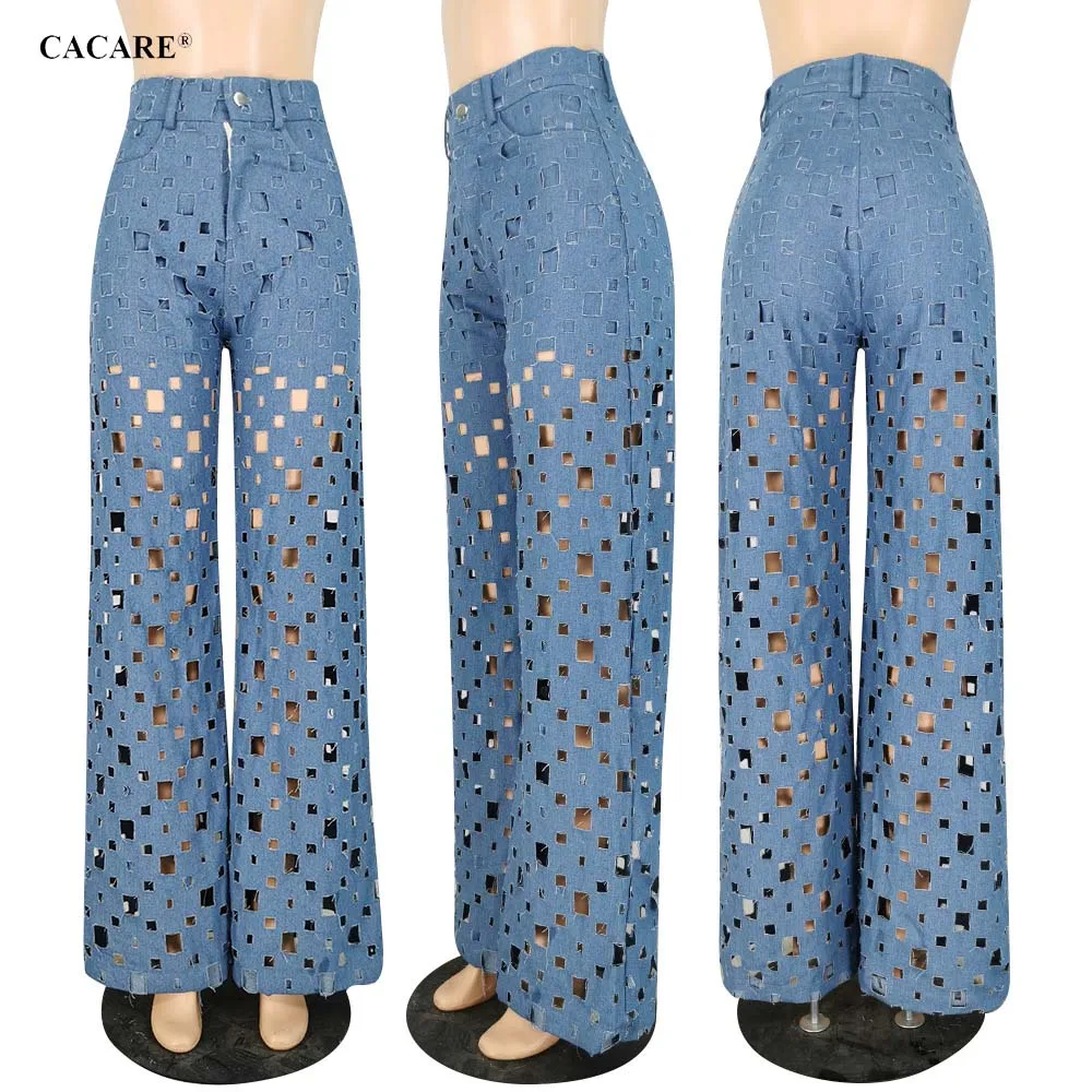 Fashion Ripped Jeans Pants Women 2020 Summer High Waisted with Hollow Outs Wide Leg Ladies Jeans Femme Denim F2979 CACARE 
Fashion Ripped Jeans Pants Women 2020 Summer High Waisted with Hollow Outs Wide Leg Ladies Jeans Femme Denim F2979 CACARE