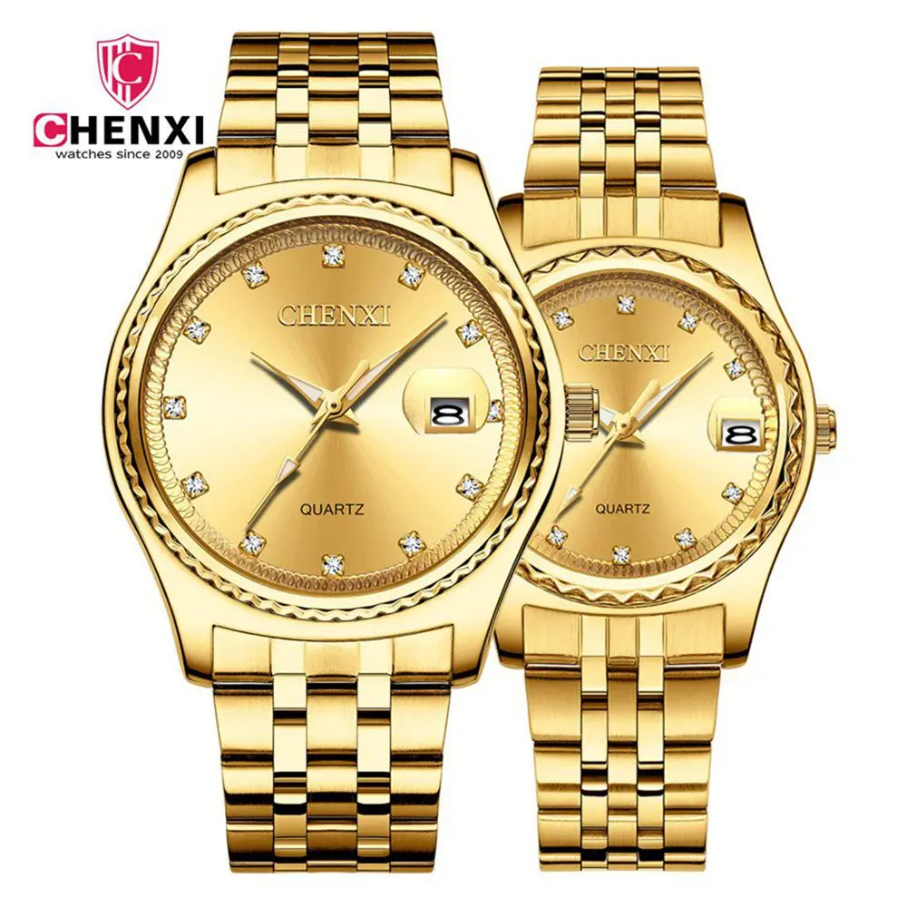 Брендовые роскошные часы CHENXI модные для влюбленных золотые парные женские и
