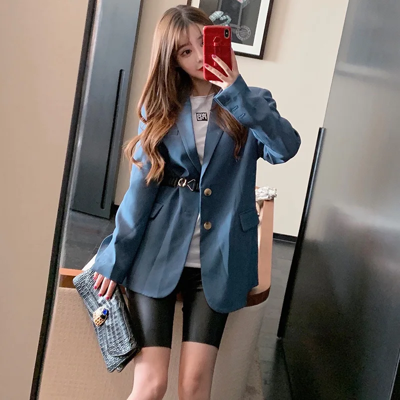 Muses Autumn New Style Fold-down Collar Single Breasted Small Suit Coat Women's Solid Color Belt Included Mid-length Blazer 
Muses Autumn New Style Fold-down Collar Single Breasted Small Suit Coat Women's Solid Color Belt Included Mid-length Blazer