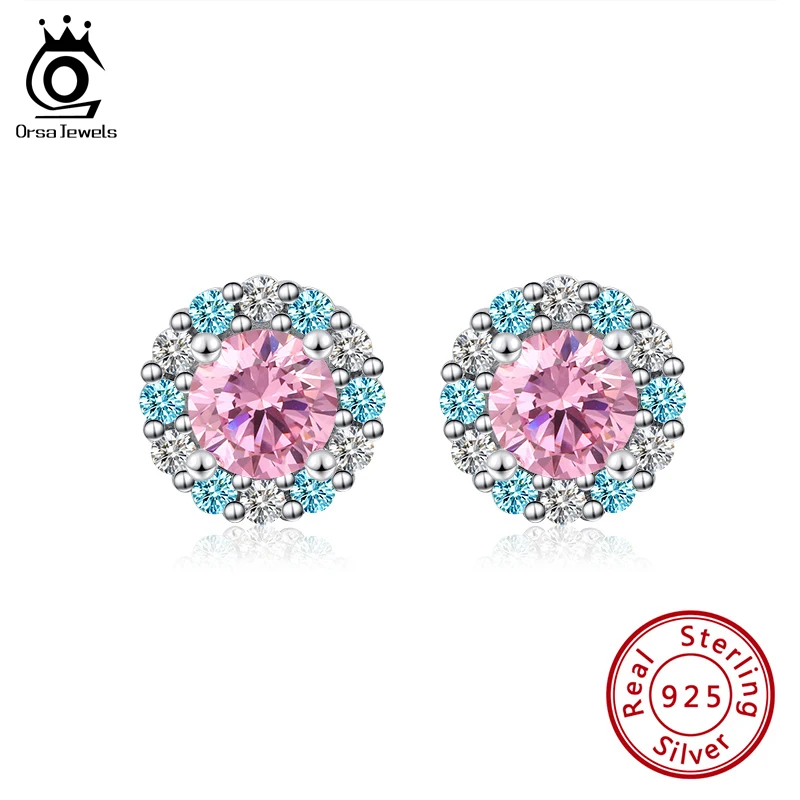 

ORSA JEWELS Stud Earrings For Women 925 Sterling Silver Perfect Polish Mixed Color Zirconia Exquisite Round Earrings Stud SE295