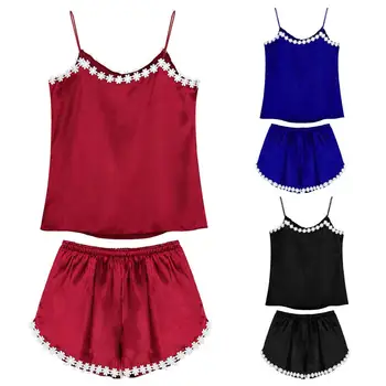 Womens Fashion Pajamas Set Embroidery Flower Lace Lingerie Faux Silk Sleepwear 
Womens Fashion Pajamas Set Embroidery Flower Lace Lingerie Faux Silk Sleepwear
