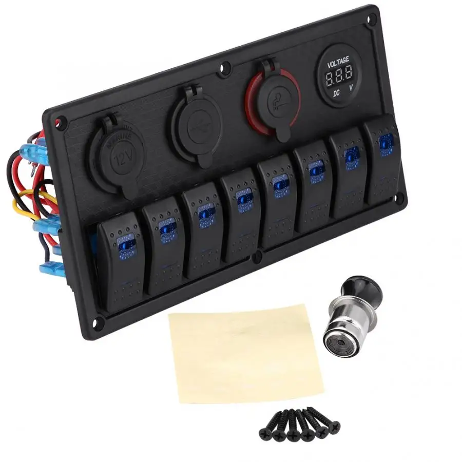 12V 24V 8 Gang Car Boat LED Rocker Switch Control Panel Dual USB Voltmeter Cigarette Lighter Rocker Switch Panel With Fuse
12V 24V 8 Gang Car Boat LED Rocker Switch Control Panel Dual USB Voltmeter Cigarette Lighter Rocker Switch Panel With Fuse