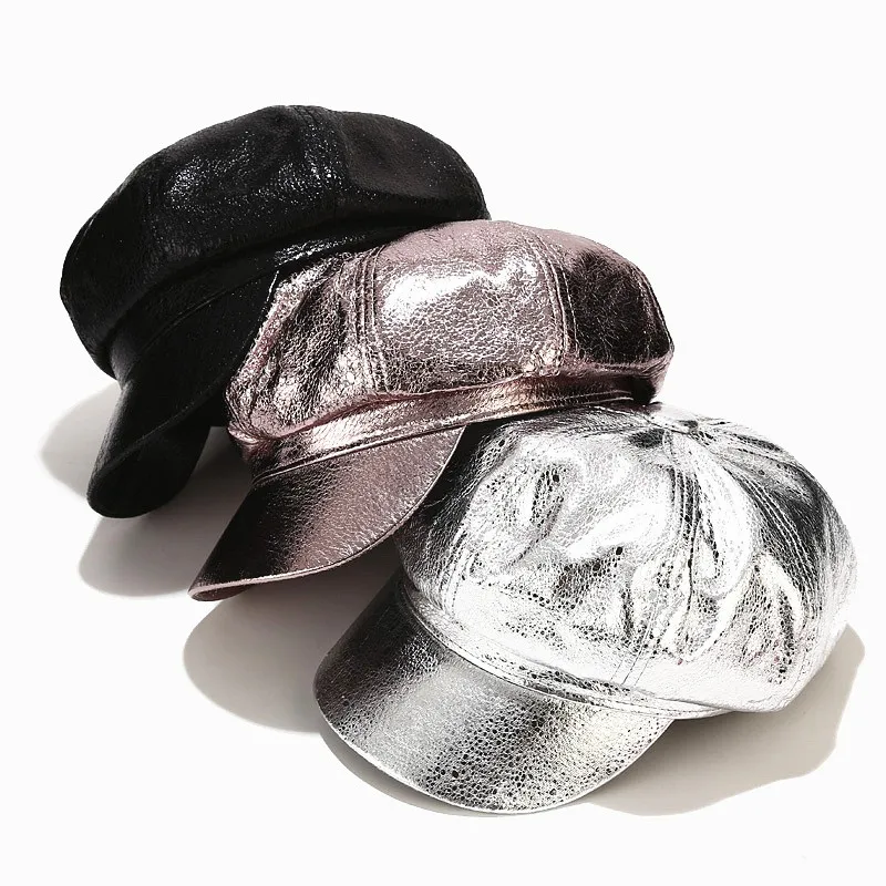 

New Autumn women casual faux leather beret cap Ladies octagonla hats Solid black silver Plated Newsboy hat gorros LVYI057