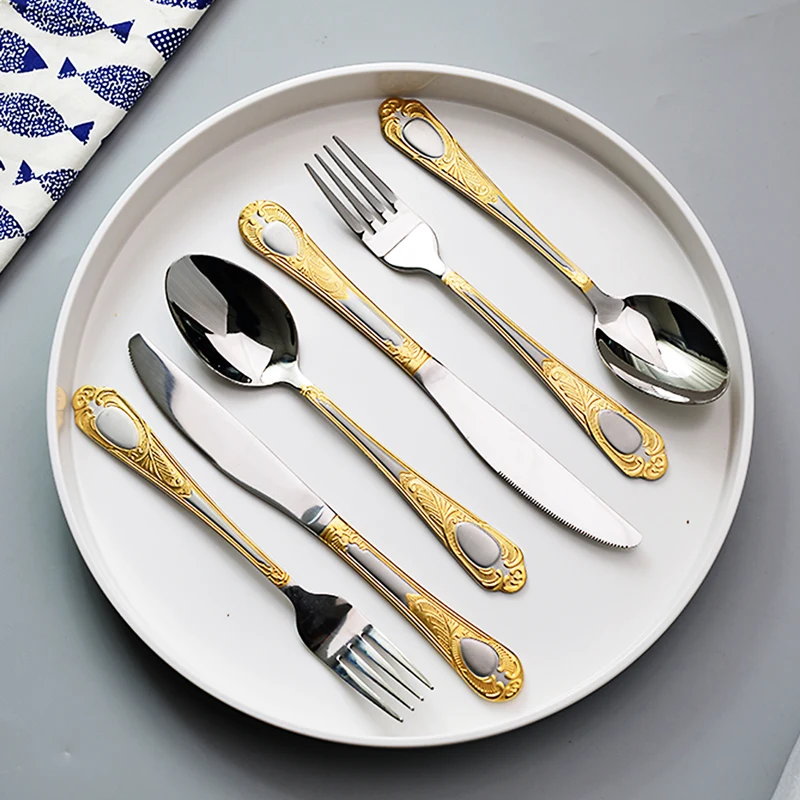 6Pcs Stainless Steel Cutlery Set Luxury Western Gold Steak Knife Fork Metal Tableware Juego Vajilla Dinner Silverware Set MM60CJ
6Pcs Stainless Steel Cutlery Set Luxury Western Gold Steak Knife Fork Metal Tableware Juego Vajilla Dinner Silverware Set MM60CJ