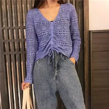 

Female All-Match Ruched Long Sleeve Solid Indie Asymmetric Top Women's Sexy V Neck Crochet Khaki Sweater Pullovers Hollow Out